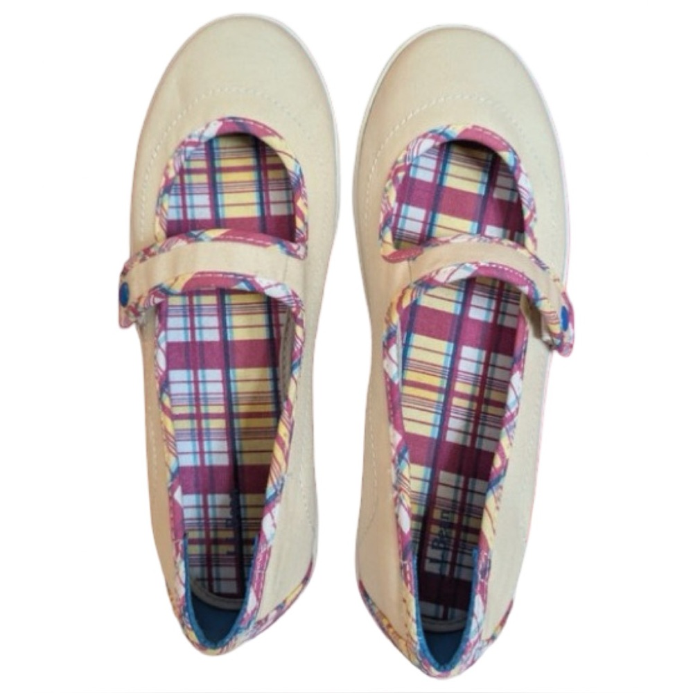 L.L. Bean Mary Jane Button Snap Ballet Flats Plaid Pink Blue 6.5 Wide Vintage